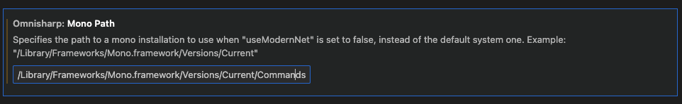 VSCodeのmonoパスの設定画面